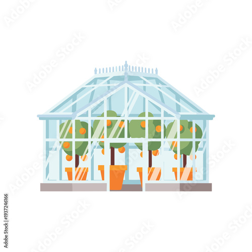 Modern greenhouse with autumn pumpkins and fresh vegetables under sunlight