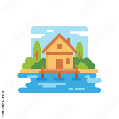Cozy lakeside house on stilts with lush greenery and blue water illustration