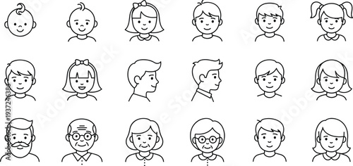 Large Collection of Minimalist Line Icons Representing Human Life Stages from Infancy and Childhood to Adulthood and Senior Elderly Years