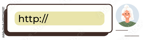 Online identity, user interaction, web browsing, social media, digital communication, web navigation. A browser address bar with a http link and a user profile icon. Online identity and user