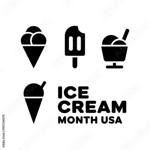 Ice cream month usa lettering, design with different types of ice cream
