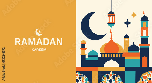 Celebrating Ramadan with mosques, crescent moon, stars, lanterns, and decorations in a vibrant illustration