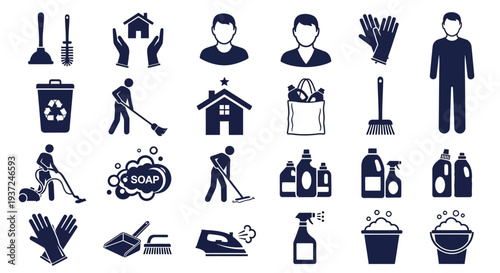 Cleaning icons collection depicting people and objects related to household chores and maintenance tasks in a simple graphic style