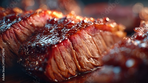 Delicious Smoked Brisket Slices with Caramelized Bark Close Up