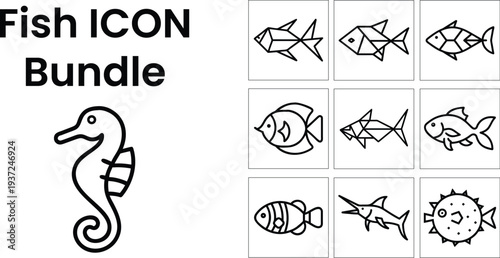A collection of nine simple linear fish and seahorse icons ideal for design projects on transparent background silhouette