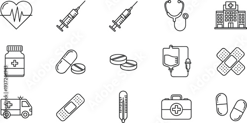 Medical and Healthcare Line Icon Set Featuring Syringe, Stethoscope, Hospital, Pills, IV Drip, Ambulance, Thermometer and First Aid Symbols
