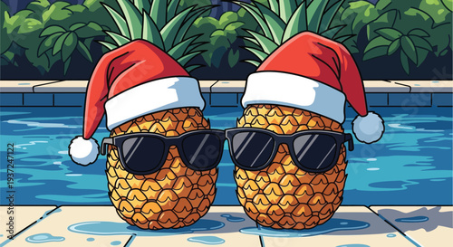 Two pineapples wearing santa hats and sunglasses by a swimming pool