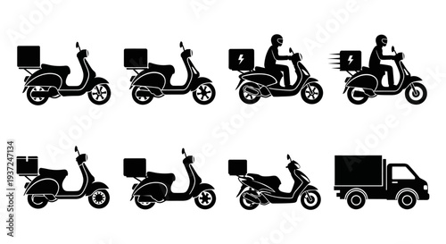 Delivery scooters and truck in motion, showcasing various stages of transportation and logistics