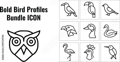 A collection of nine outlined bird icons including an owl displayed in a grid layout on transparent background silhouette