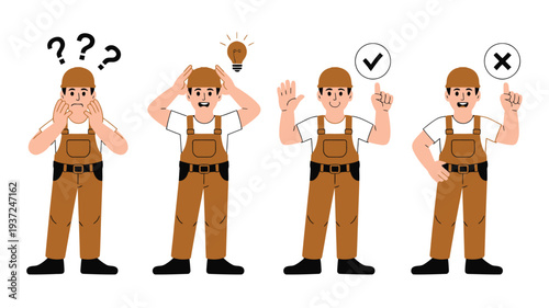 Set of four flat design illustrations of a builder showing confusion, idea, correct answer, and incorrect answer on a white background