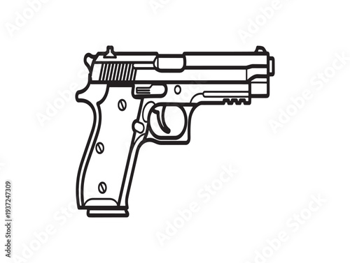 A black and white line drawing of a semi automatic pistol