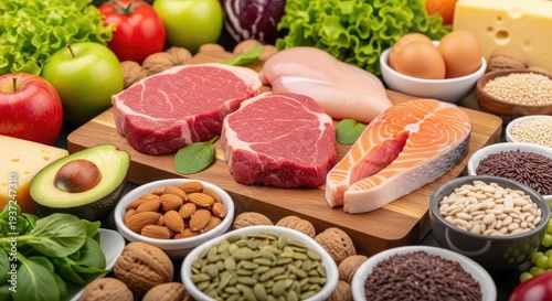 Assorted high protein foods and fresh produce on wooden board