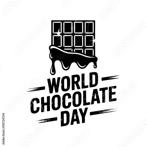 World chocolate day grunge text with melting chocolate bar emblem