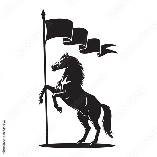 Powerful Rearing Horse Silhouette Emblem with Waving Flagpole Banners