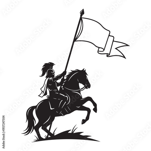 Monochrome Silhouette of Rearing Horse with Knight and Blank Flag