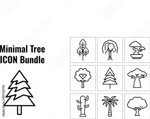 A collection of nine minimalist tree icons in black lines perfect for digital design on transparent background silhouette