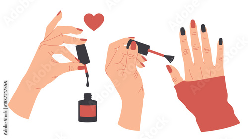 Elegant vector illustration of hands meticulously applying vibrant nail polish, capturing a modern beauty routine, self-care, and the detailed artistry of manicure