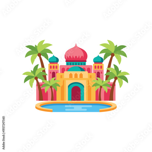 Colorful fantasy palace with domes and palm trees in tropical oasis