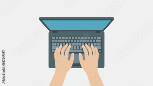 A dynamic top-down minimalist illustration showcasing human hands skillfully typing on a modern laptop, symbolizing contemporary digital tasks, online productivity, and efficient communication