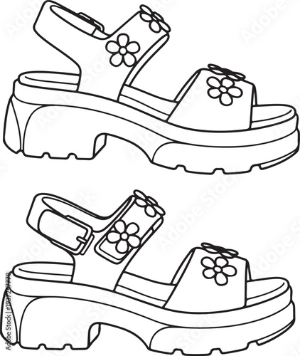 Black and white illustration of a platform sandal with floral details