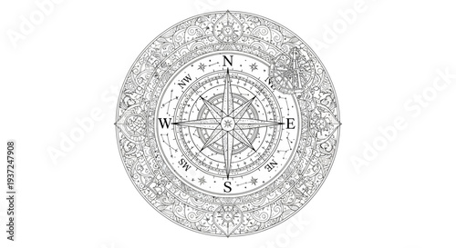 Intricate Compass Rose Graphic with Ornate Mandala Pattern. Vintage Navigation and Exploration Symbol Line Art.