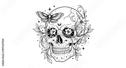 Mystical Skull Illustration with Moth and Floral Elements. Intricate Bohemian Gothic Line Art Drawing featuring Flowers and Stars.