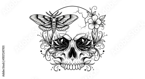 Intricate black and white illustration of a skull with a moth and ornate floral elements, embodying dark beauty and nature.