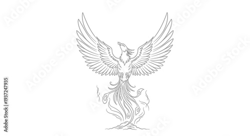 Majestic phoenix mythical bird rising from flames, detailed line art illustration, symbol of rebirth and renewal, fantasy creature.