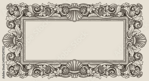 Highly detailed vintage engraving style decorative frame with baroque scrollwork, acanthus leaves, and shell motifs, elegant design element.