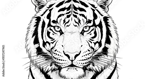 Powerful Black and White Tiger Head Illustration with Detailed Fur and Stripes. Majestic Wild Animal Portrait Line Art Drawing.