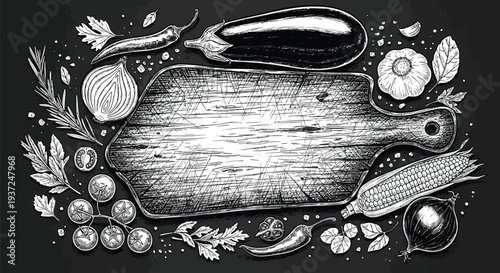 Hand drawn vegetable assortment around a rustic wooden board