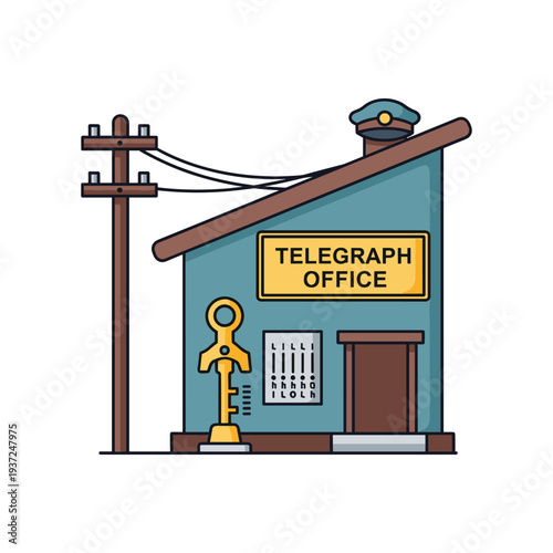 Vintage telegraph office illustration with key and communication symbols flat design