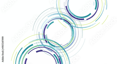 Abstract technology background with segmented concentric circles in blue, green, and purple. Modern digital network connection graphic.