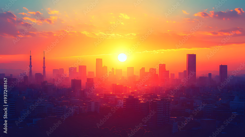 Fototapeta premium Silhouetted buildings under a warm sunset sky.