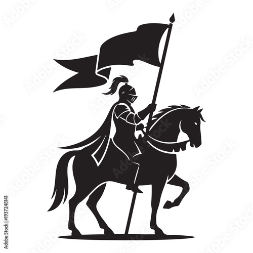 Monochromatic Knight Rider on Horseback with Waving Flag Silhouette Vector