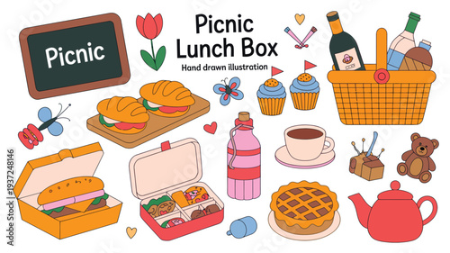 Charming minimalist hand-drawn vector elements capturing the essence of a perfect outdoor picnic, including food, drinks, and leisure items