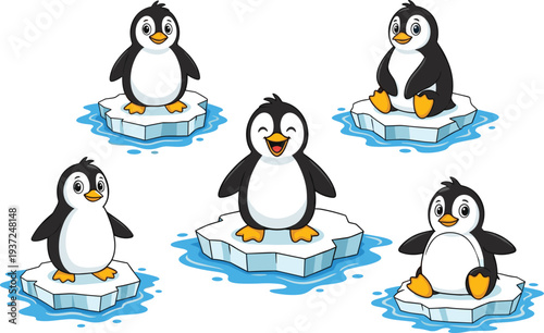 Set Of Cute Cartoon Penguin Character Illustrations On Ice Floes Isolated On White Background For Children Education And Winter Design