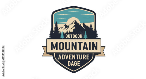 Vintage mountain adventure emblem vector illustration. Retro outdoor badge with pine trees, scenic landscape, and sun for exploration.