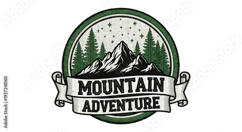 Vintage style mountain adventure emblem with pine trees, stars, and rugged peaks for outdoor recreation and travel logos
