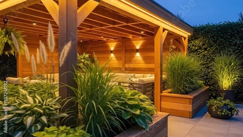 Modern outdoor living space with elegant wooden pergola, ambient lighting, lush green plants, and comfortable patio furniture at dusk.
