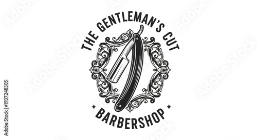 Retro Barber Shop Emblem with Straight Razor and Elegant Ornate Frame. Vintage Men's Grooming, Haircut, Shave Service Design.
