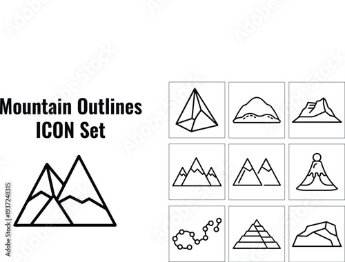 A collection of nine black mountain icons with varying designs ideal for graphics and projects on transparent background silhouette