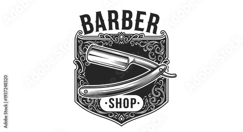 Vintage Barber Shop Logo with Classic Straight Razor and Ornate Shield Design, Retro Haircut and Grooming Salon Emblem