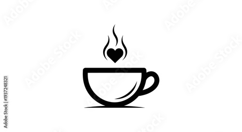Minimalist black and white coffee cup illustration with heart-shaped steam, symbolizing love for hot beverages, warmth, and passion.