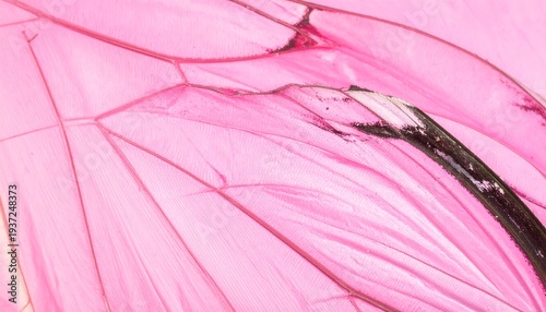 Macro of a pink butterfly wing showing intricate veining and translucent textures, abstract and softly colored