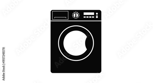 A black silhouette of a front loading washing machine design silhouette