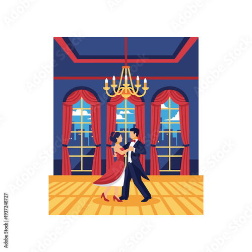 Elegant couple ballroom dancing in luxury theater with chandelier and red curtains