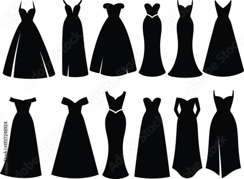 Evening gown silhouette icons, fashion dress vector, black gown shapes, formal wear illustration, stylish design motif, elegant clothing stock art