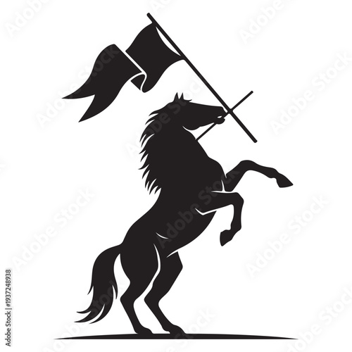 Black Silhouette Rearing Horse Holding Flag Graphic Vector Illustration