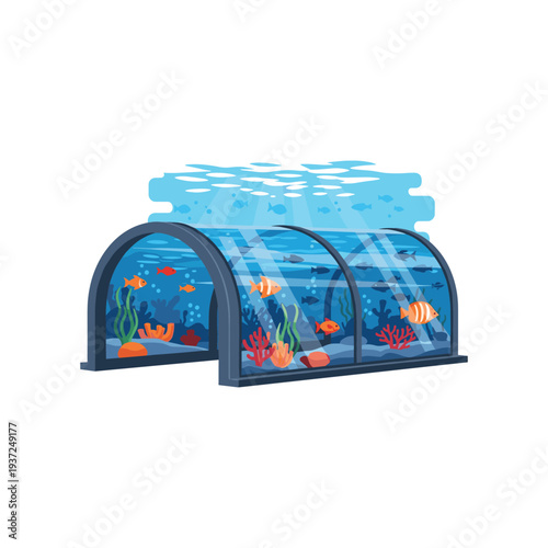 Tropical fish aquarium tunnel with colorful coral and marine life underwater scene